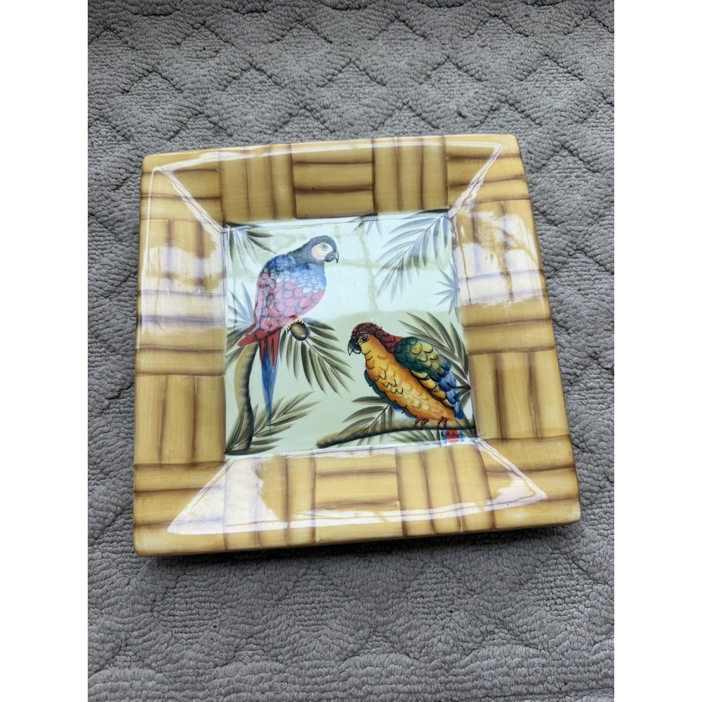 PACIFIC RIM Tropical BAMBOO PARROTS Hand Painted SQUARE PLATE
